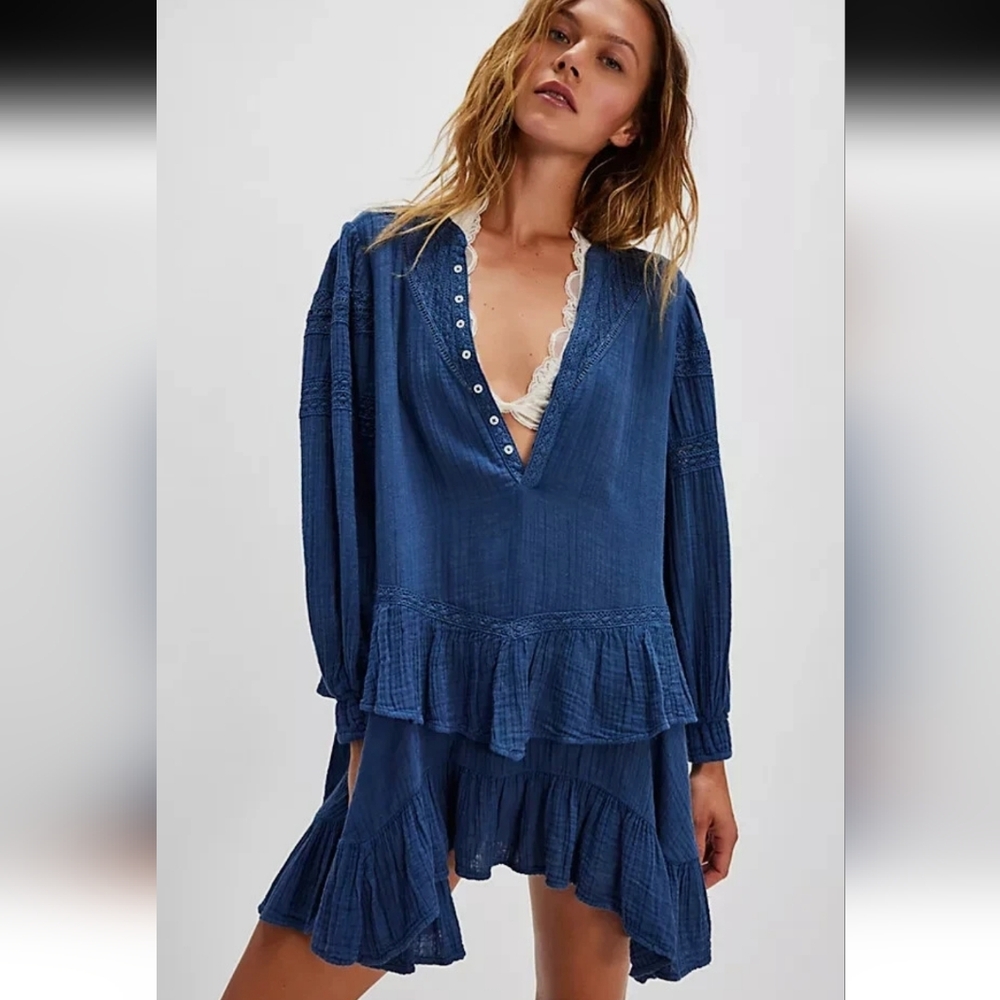 NWT Free People  Sachi Cotton Front Button Embroidered Ruffle Hem Mini…